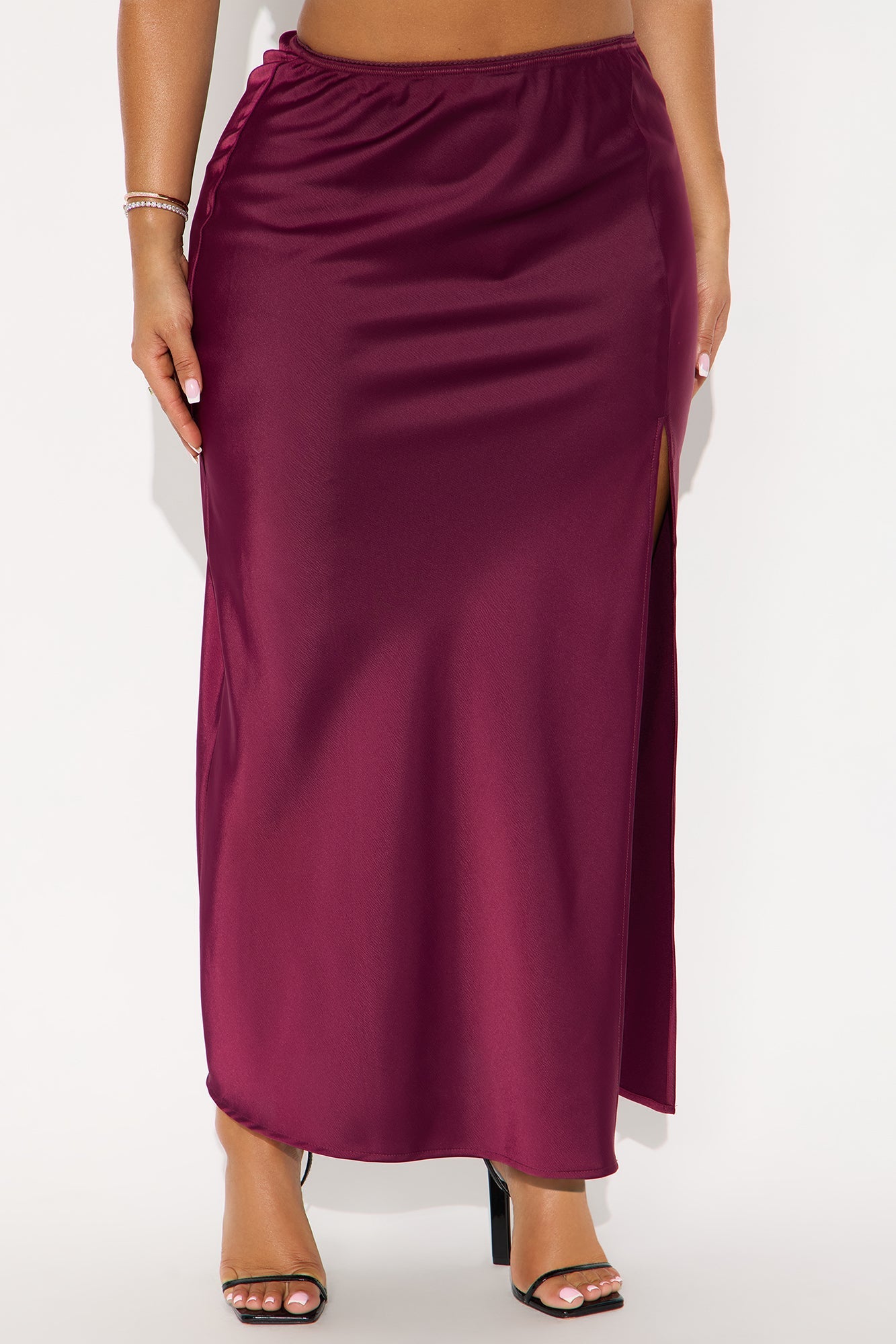 Love At Midnight Satin Front Slit Maxi Skirt - Wine 
