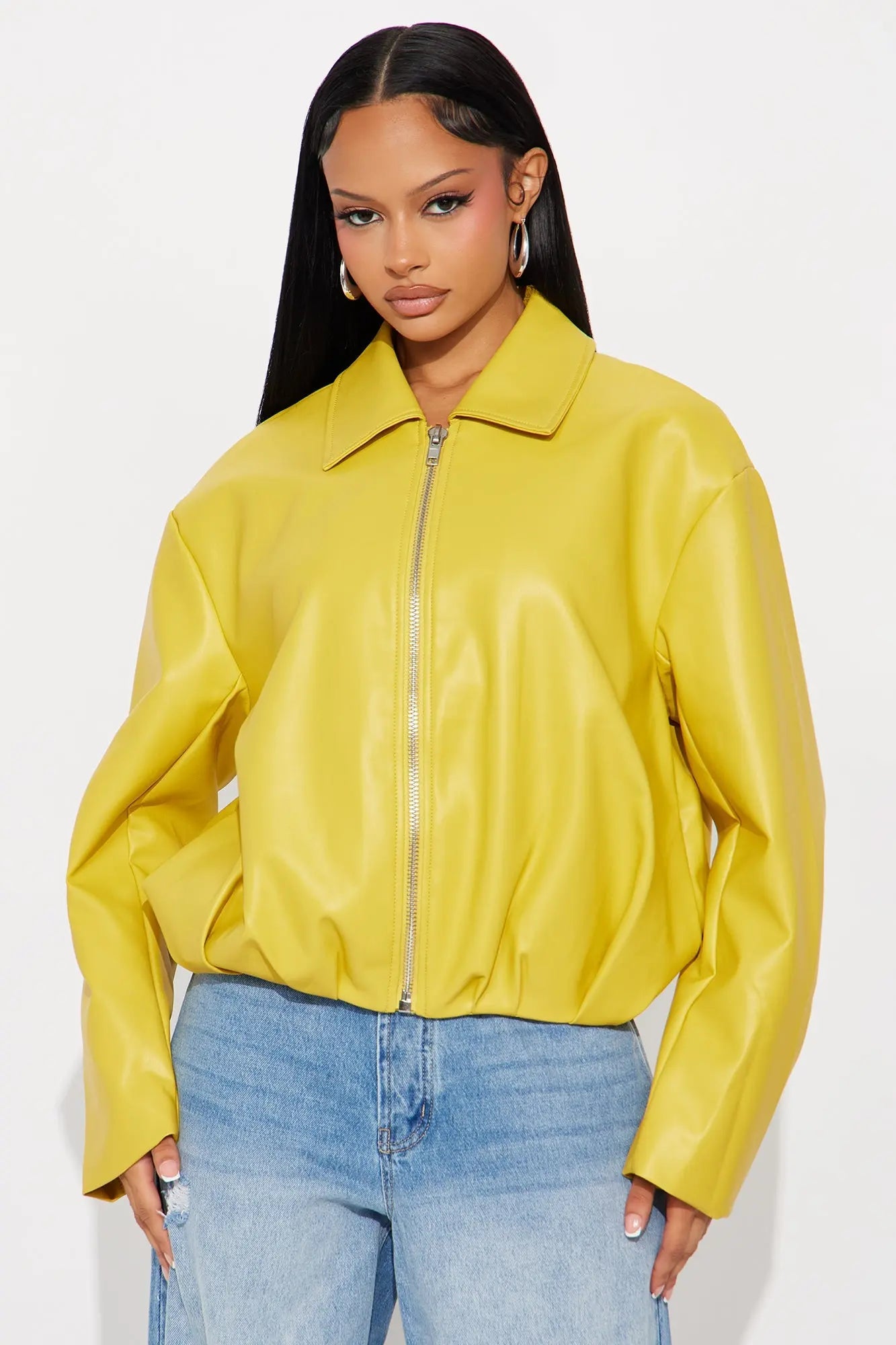 Iman It Girl Faux Leather Bomber Jacket - Yellow 