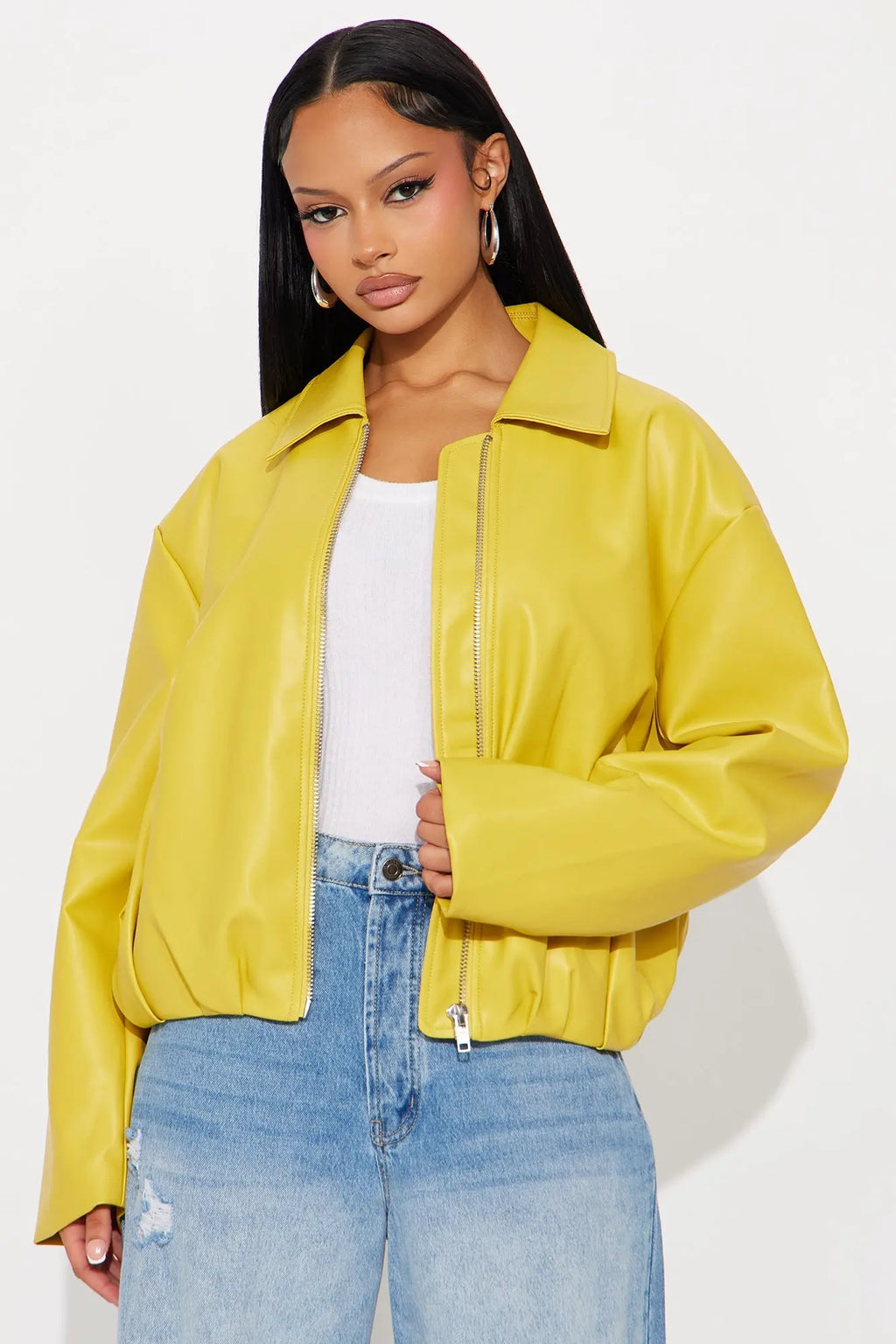 Iman It Girl Faux Leather Bomber Jacket - Yellow 