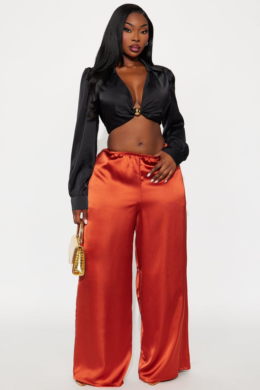 Shine On Satin Wide Leg Pant 32″ - Copper
