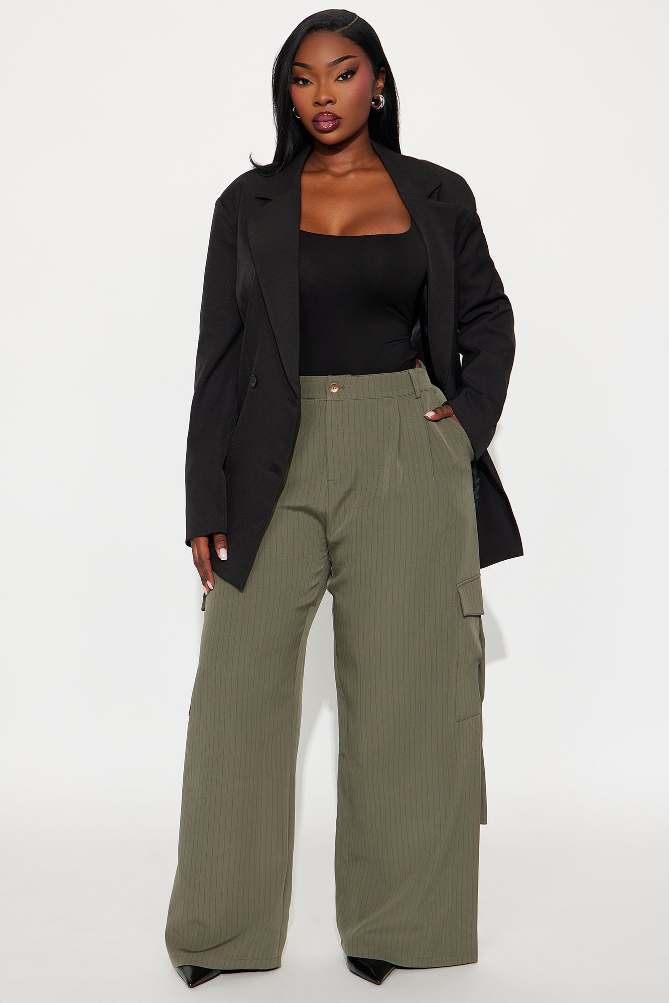 Atiya Pinstripe Wide Leg Cargo Pant 32″ - Olive
