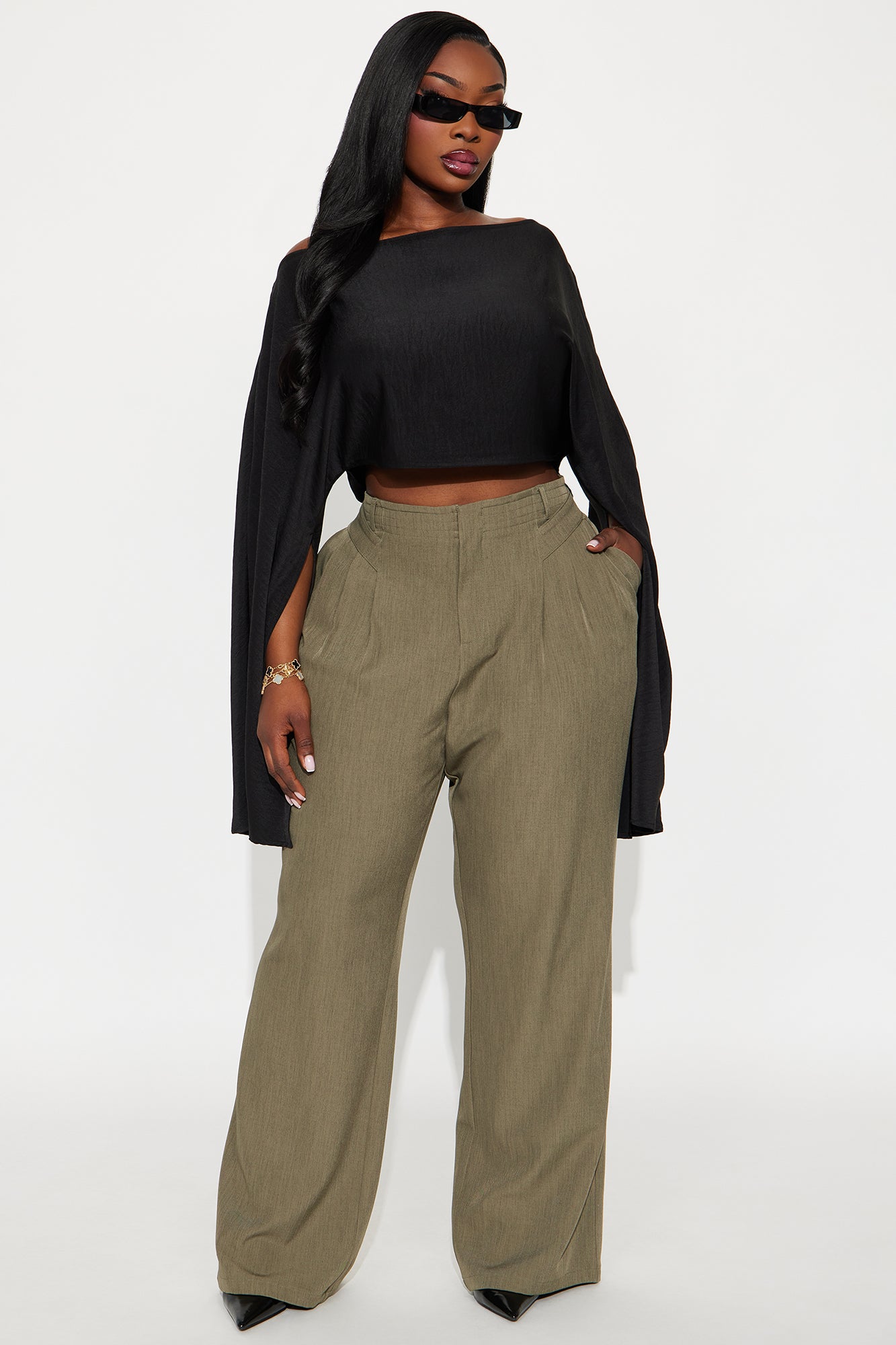 Business Plan Pleated Wide Leg Trouser Pant 32″ - Olive 