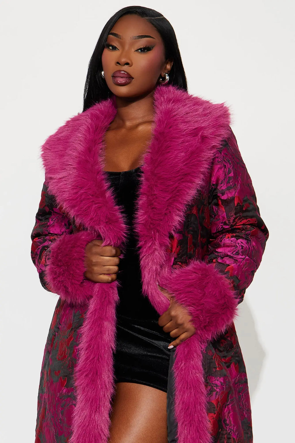 Becoming Richer Jacquard Fur Trim Coat - Magenta 