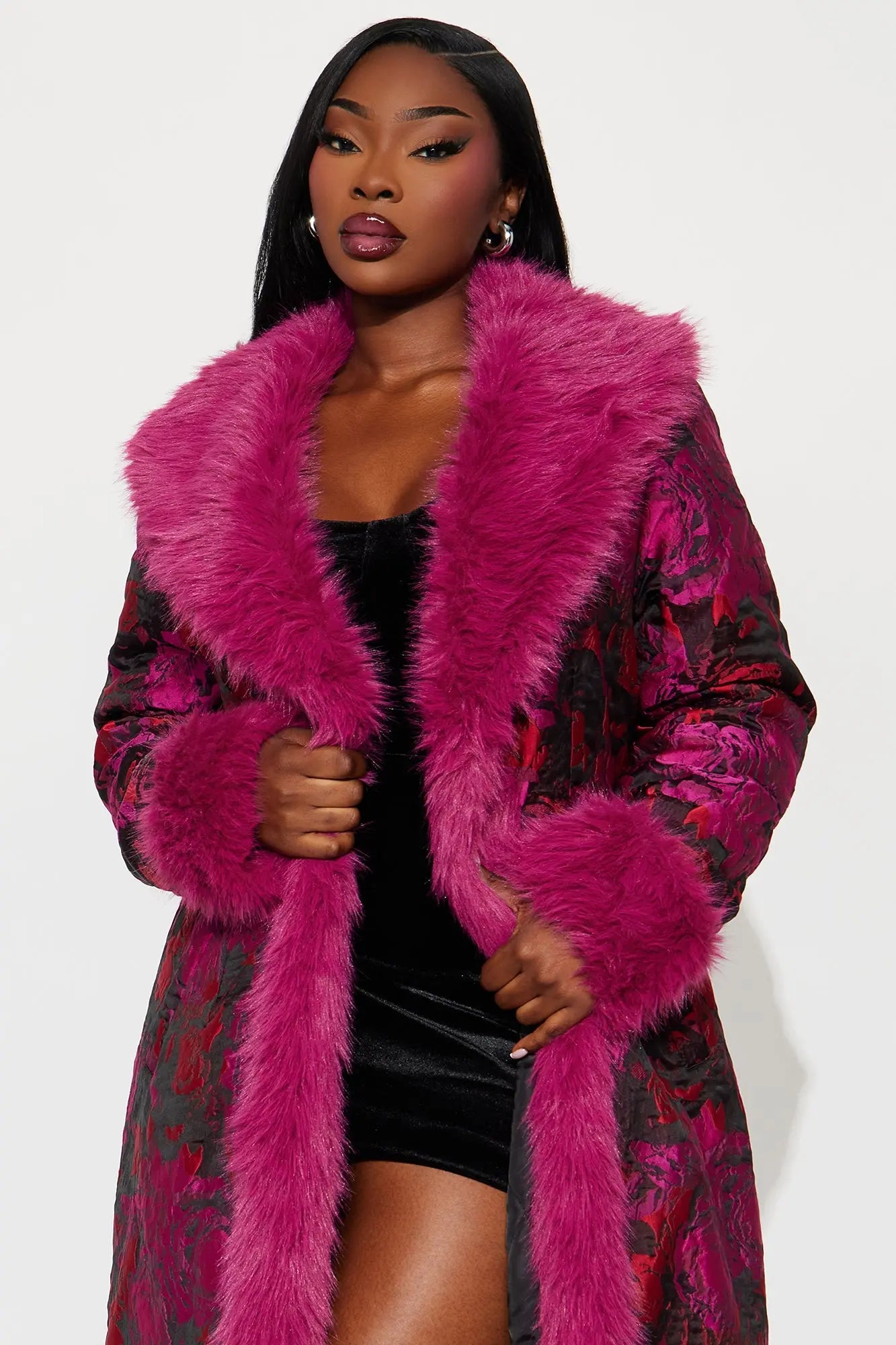 Becoming Richer Jacquard Fur Trim Coat - Magenta 