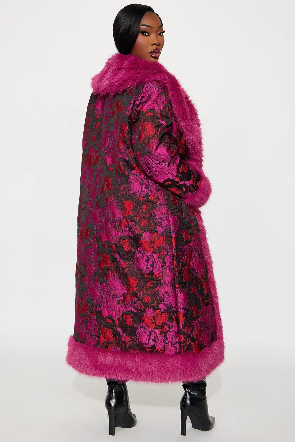 Becoming Richer Jacquard Fur Trim Coat - Magenta 