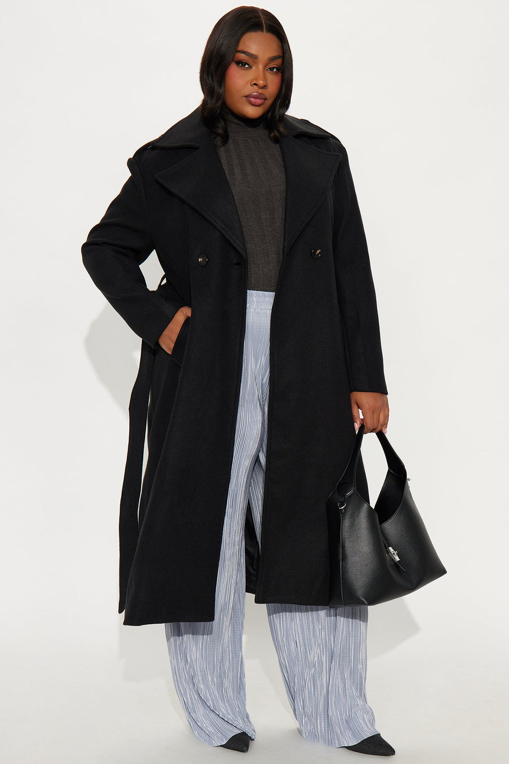 Clocked Out Double Breasted Long Coat - Black 