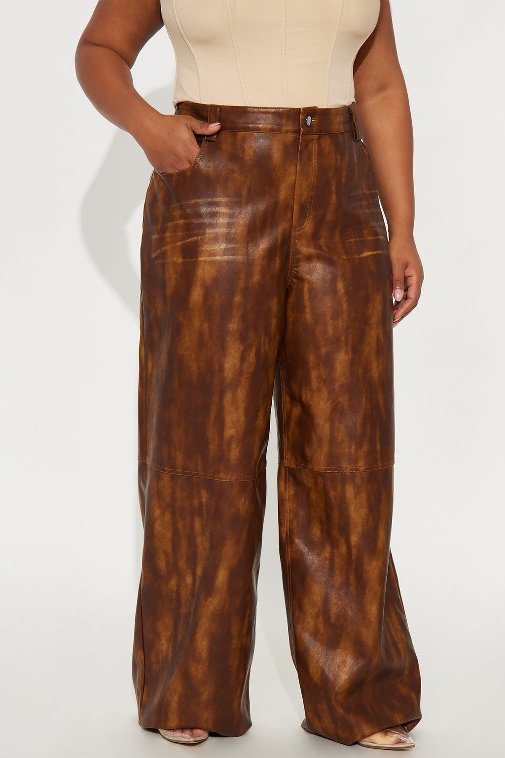 Adrienne Washed Faux Leather Wide Leg Pant 33 - Brown 