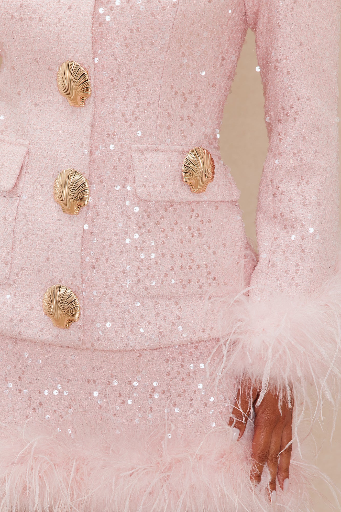 Chelley Feathered Sequin Tweed Skirt Set - Pink