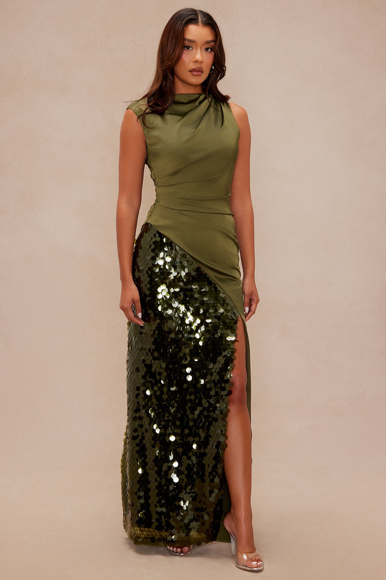 Clairese Satin Sequin Maxi Dress - Olive 
