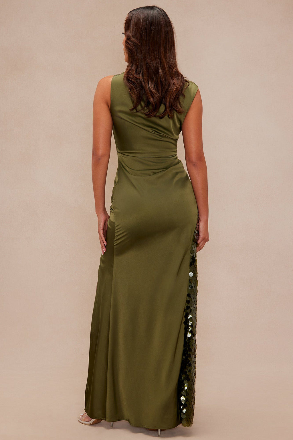 Clairese Satin Sequin Maxi Dress - Olive 