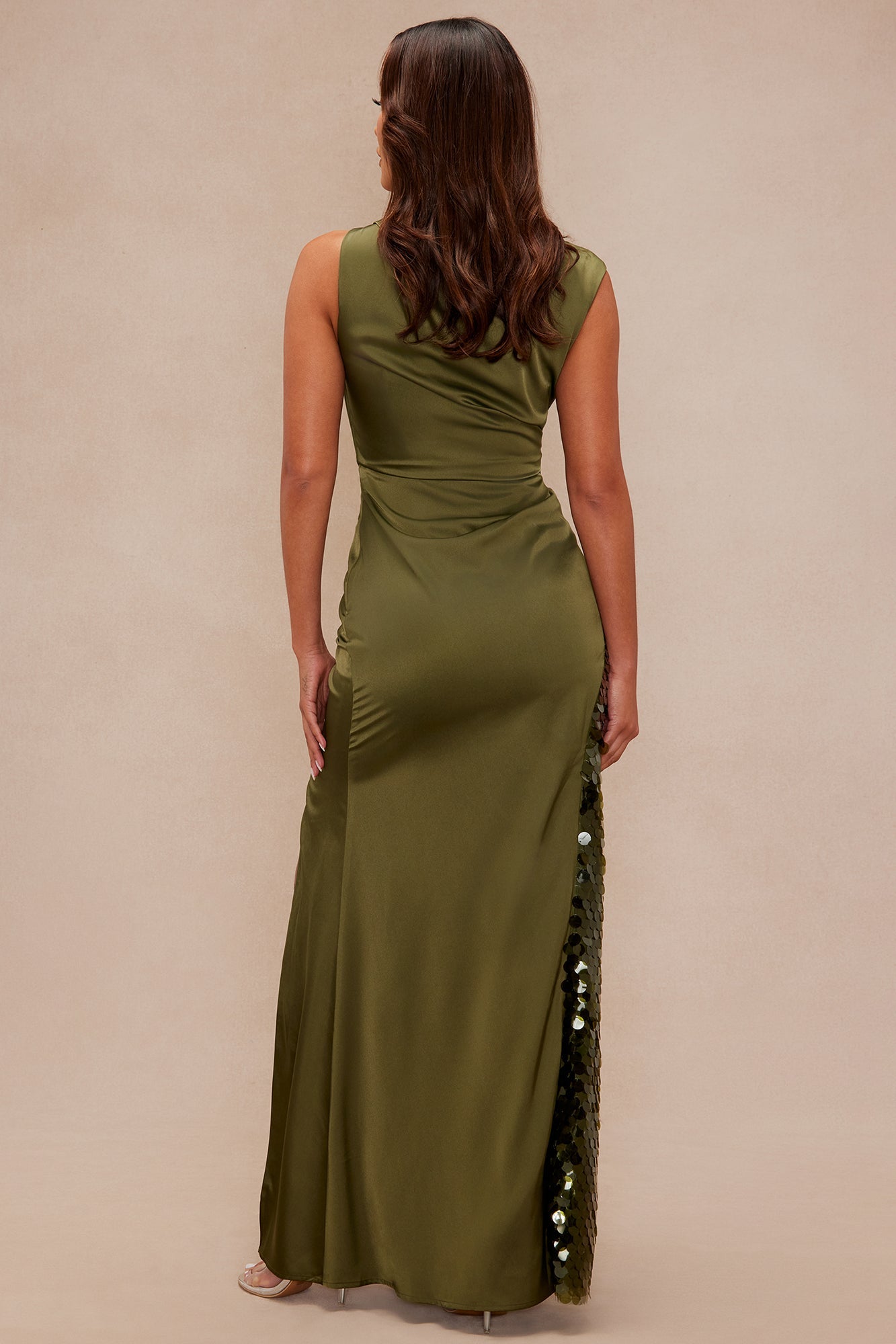 Clairese Satin Sequin Maxi Dress - Olive 