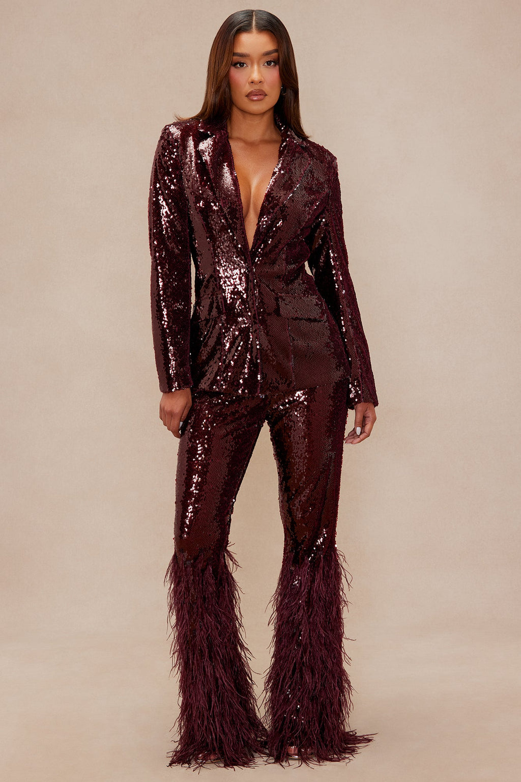 Nola Sequin Feathered Flare Pant - Wine 