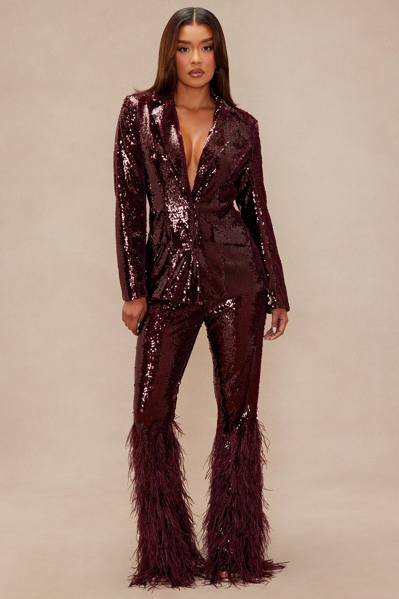 Nola Sequin Feathered Flare Pant - Wine 
