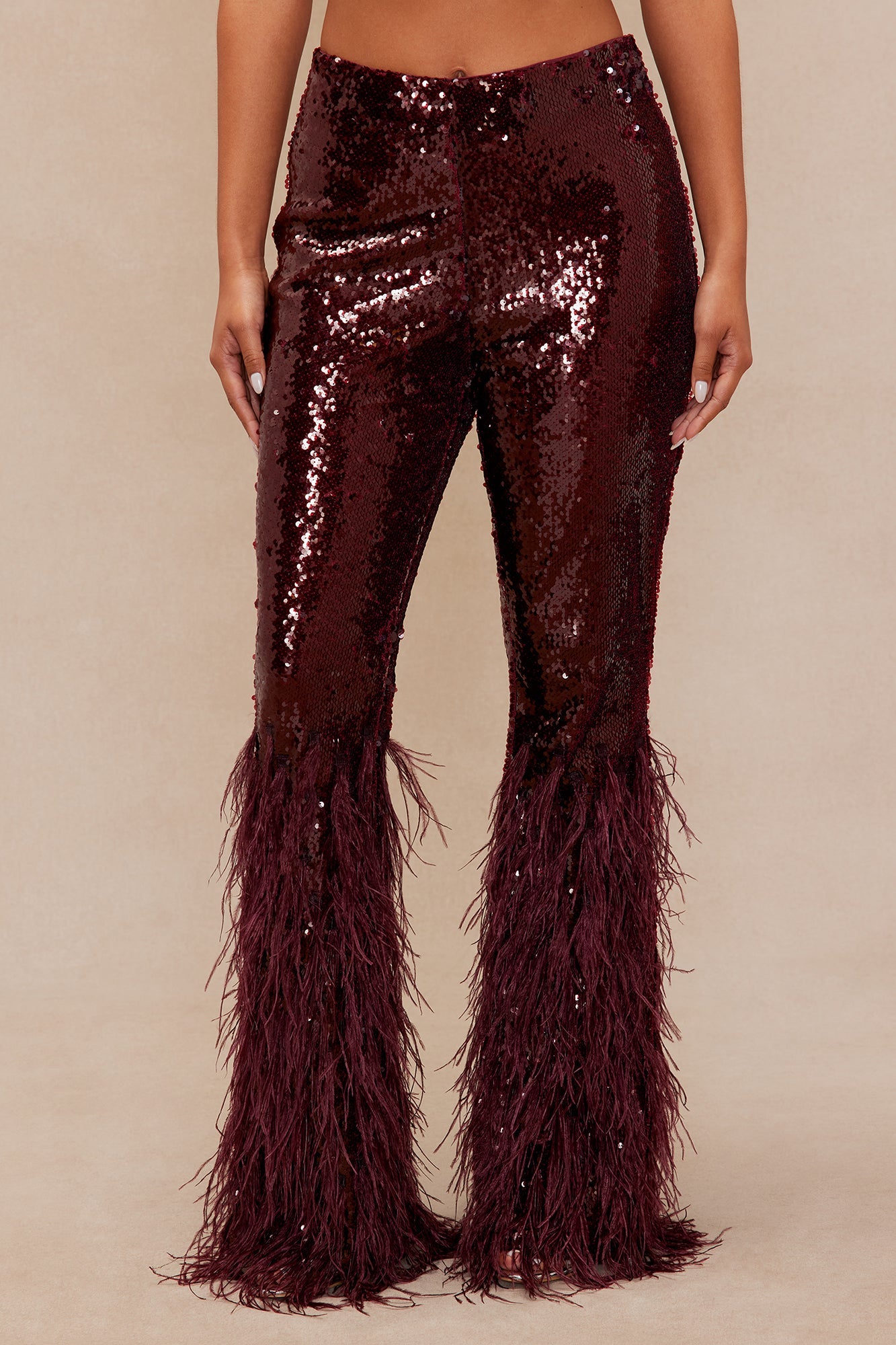 Nola Sequin Feathered Flare Pant - Wine 
