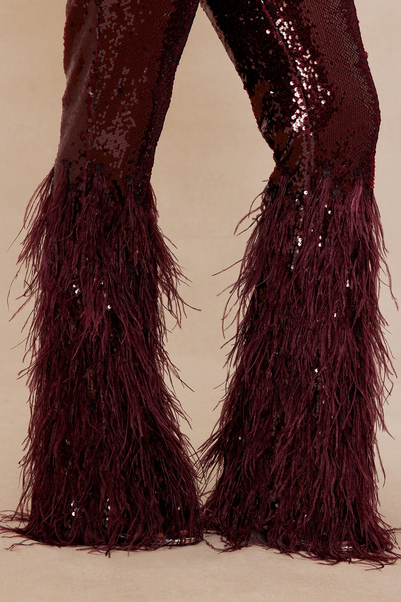 Nola Sequin Feathered Flare Pant - Wine 