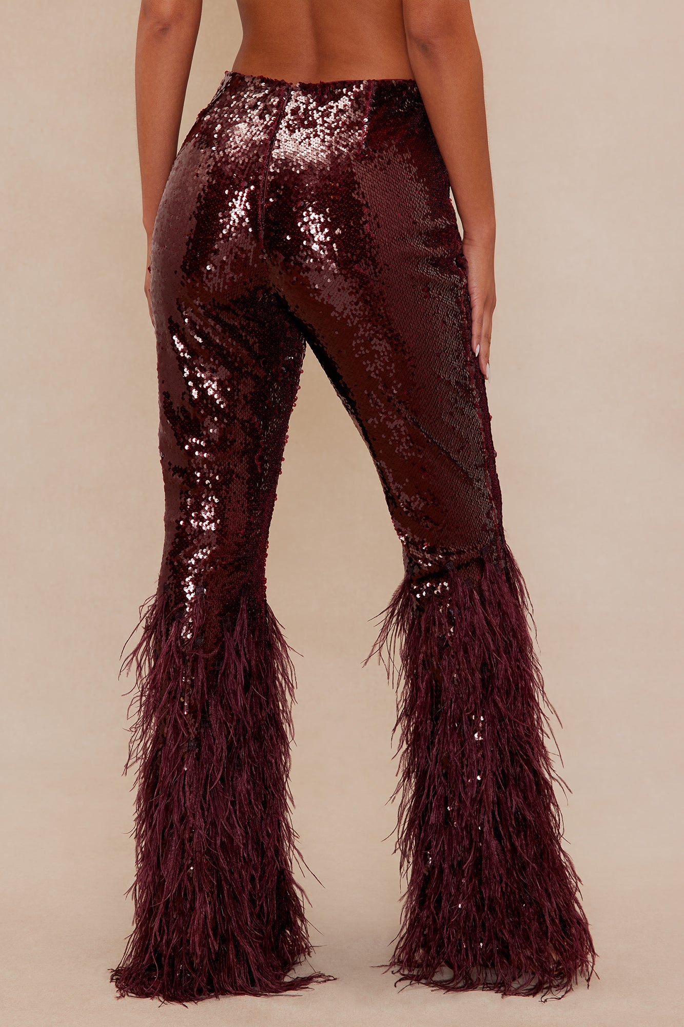 Nola Sequin Feathered Flare Pant - Wine 