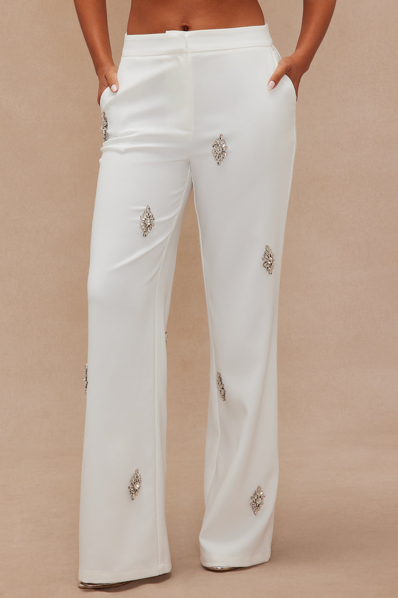 Liza Rhinestone Wide Leg Pant - White 