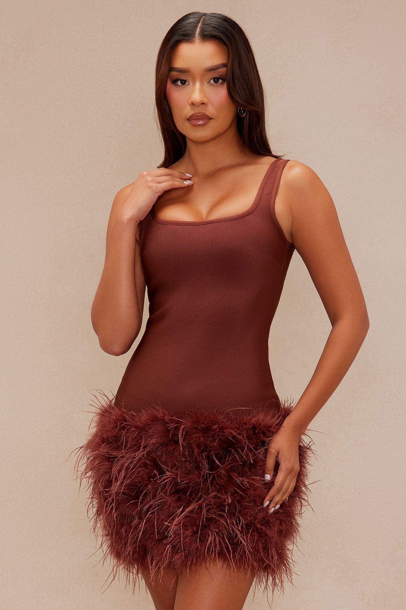 Remember Me Fur Trim Bandage Mini Dress - Brown 