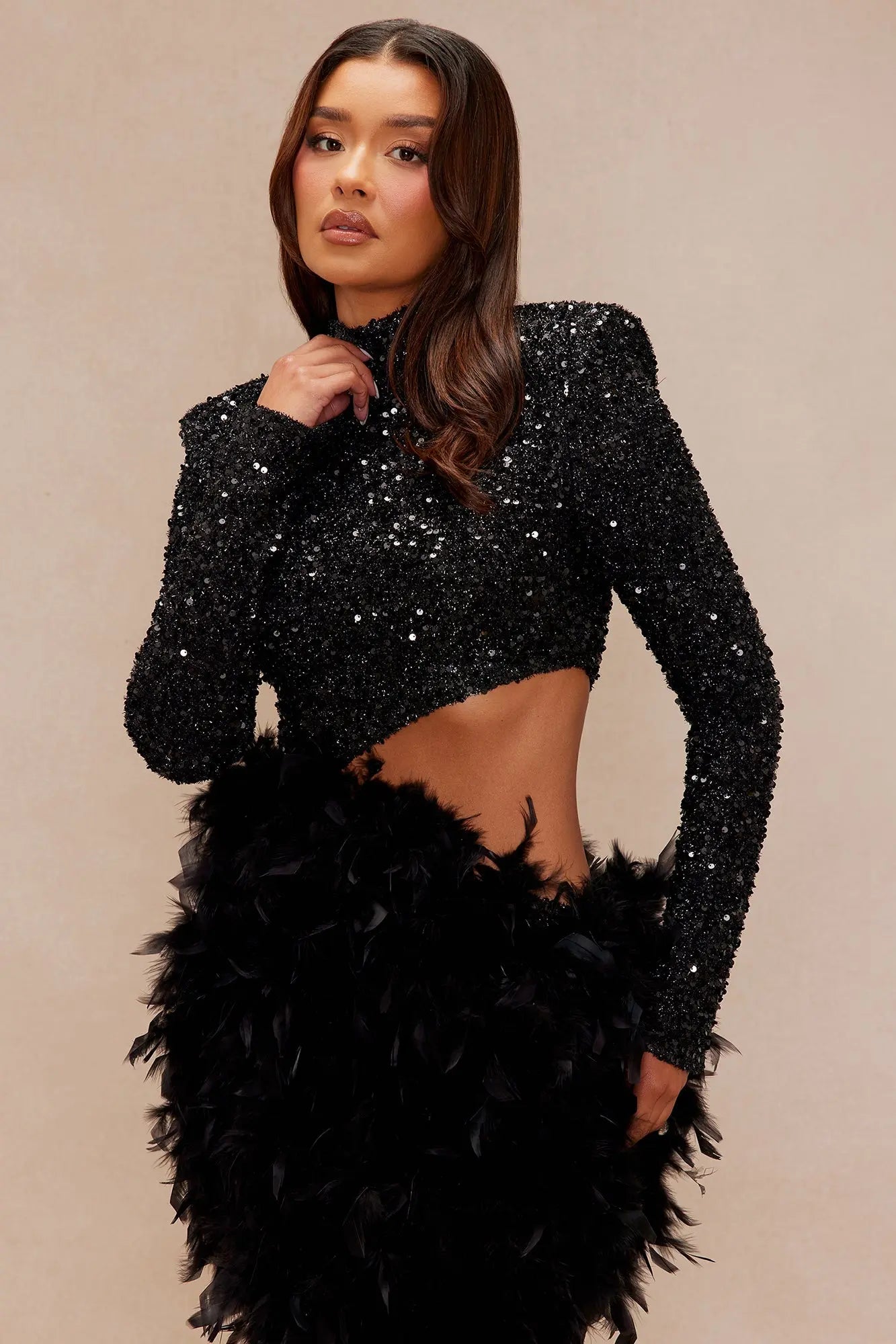 Blaire Asymmetrical Feather Sequin Micro Mini Dress - Black 