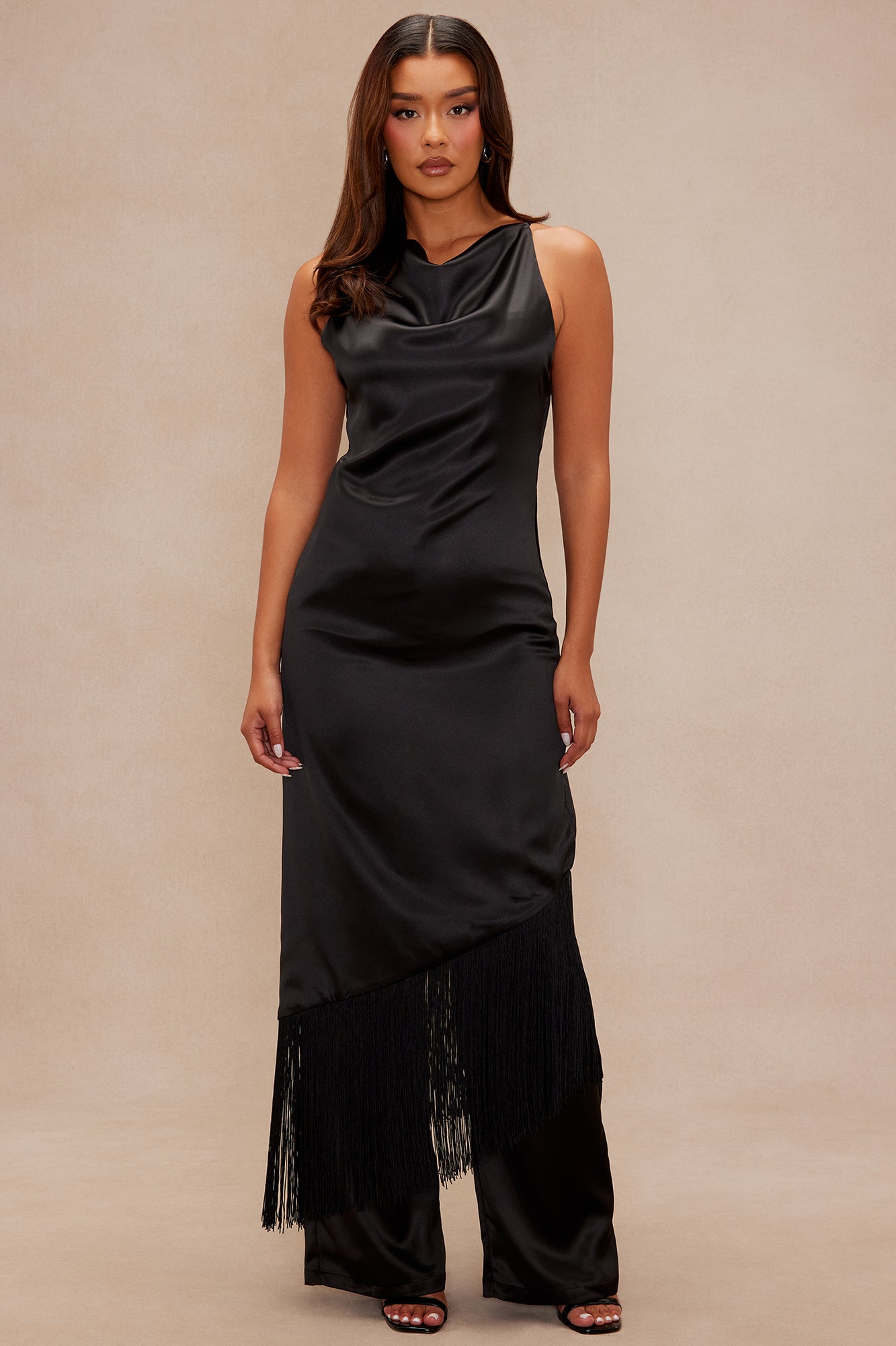 Ceile Fringe Satin Pant Set - Black 