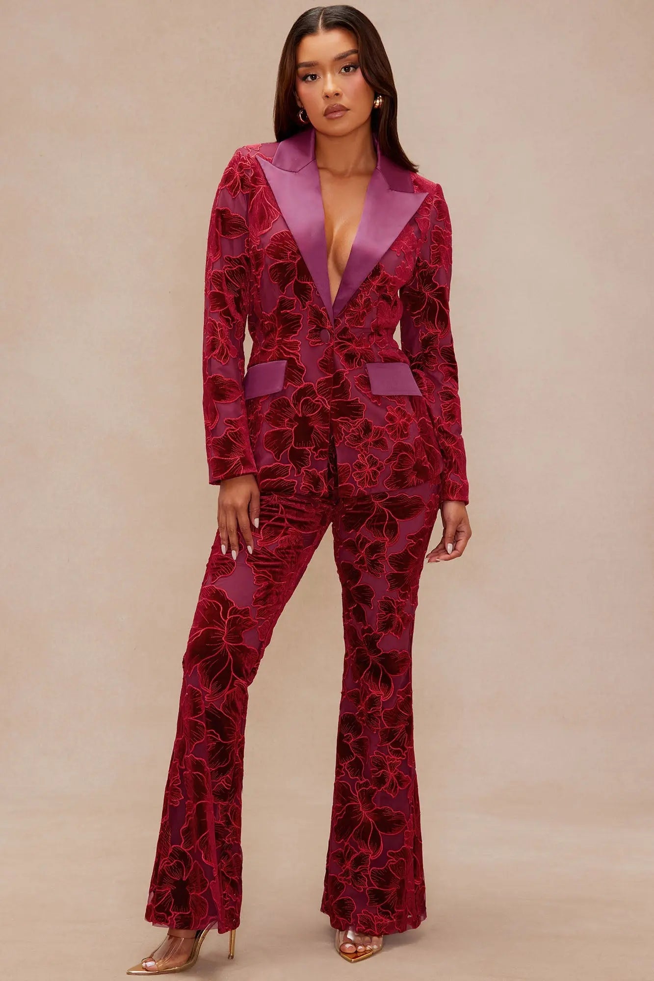 Tyra Velvet Embroidered Blazer - Burgundy 
