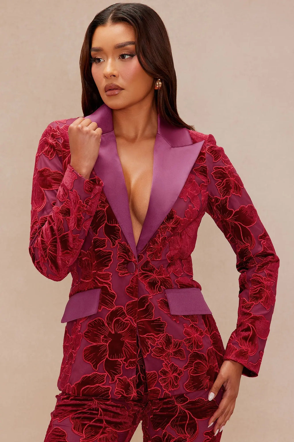 Tyra Velvet Embroidered Blazer - Burgundy 
