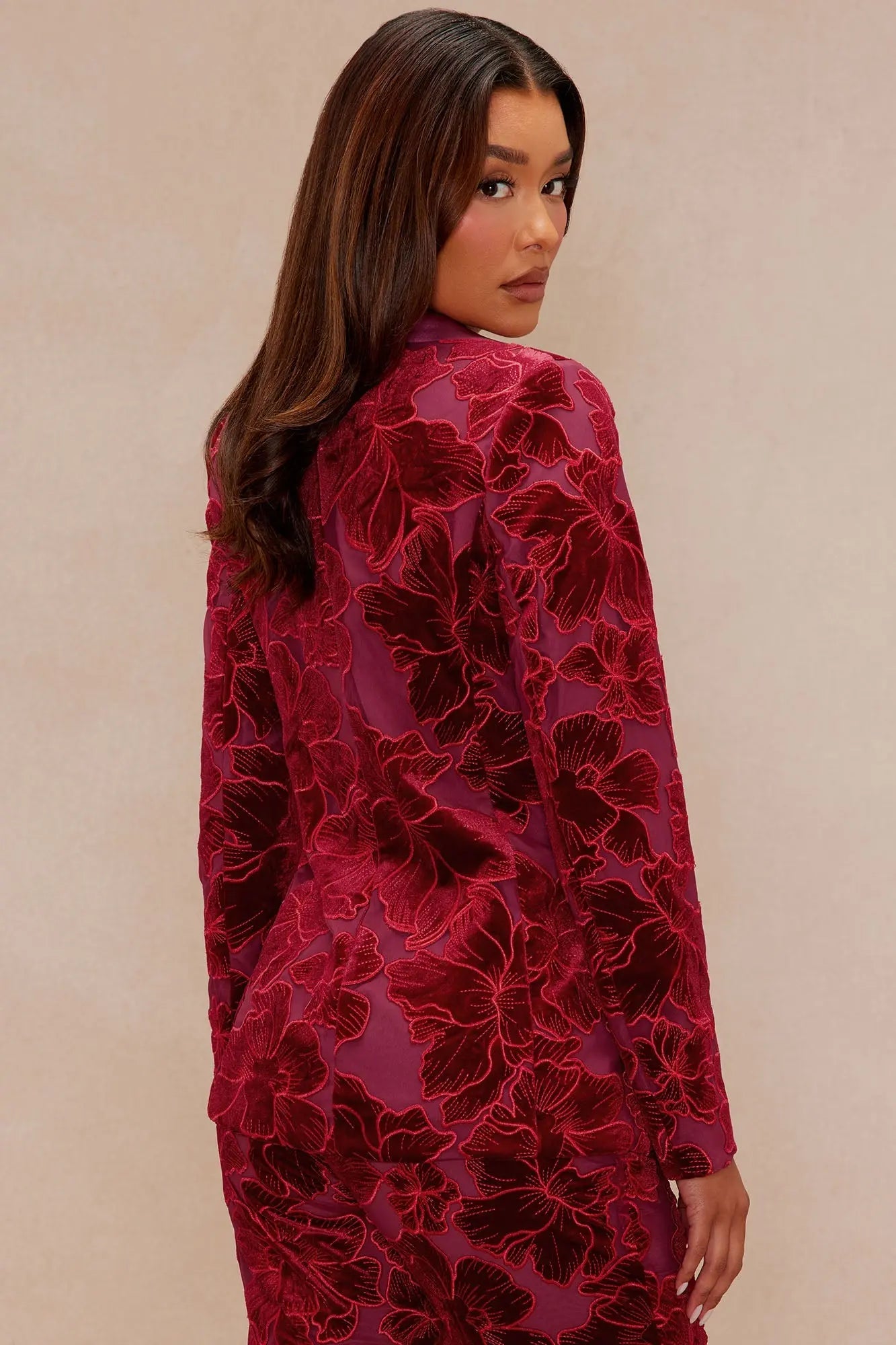 Tyra Velvet Embroidered Blazer - Burgundy 