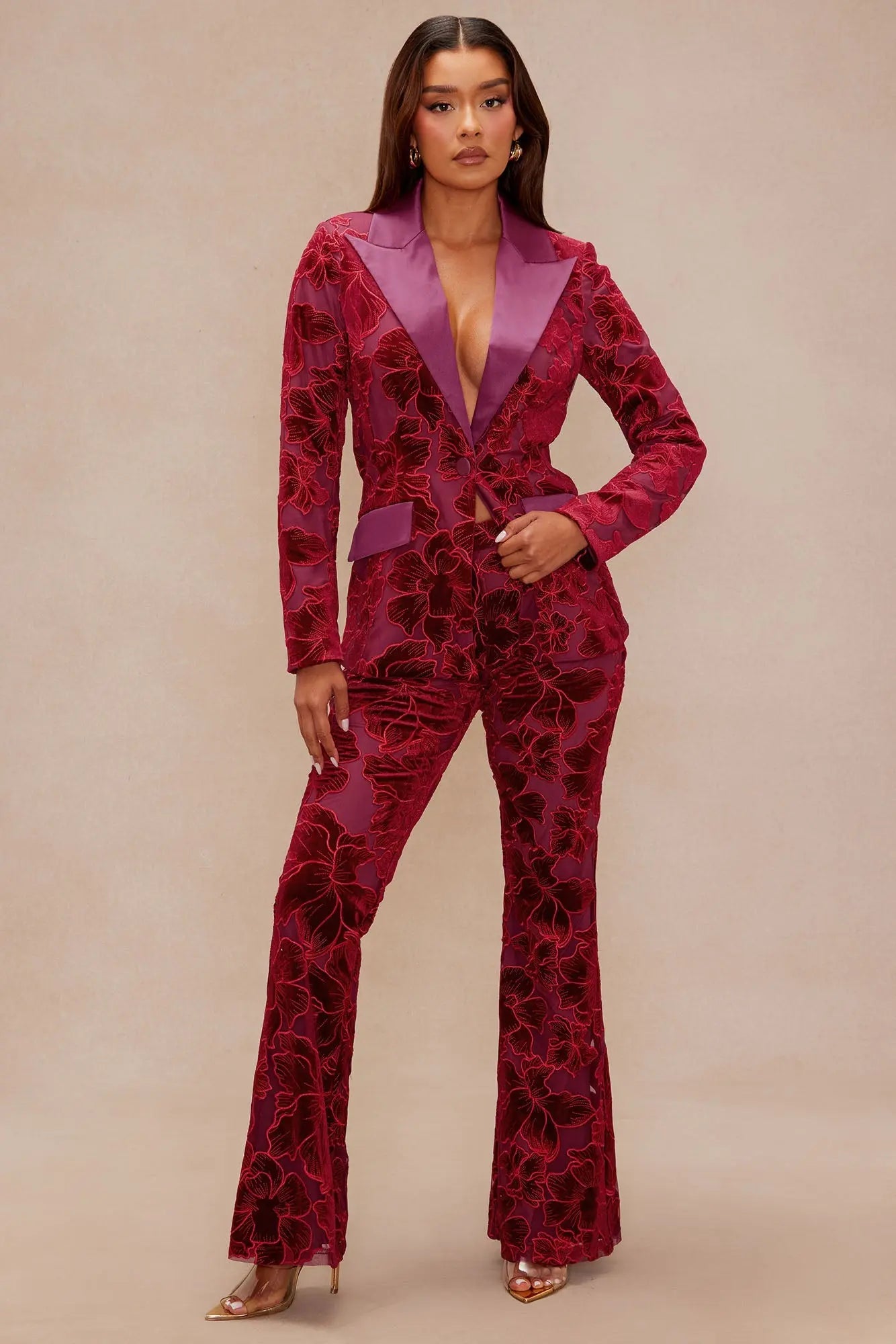 Tyra Velvet Embroidered Pant - Burgundy 