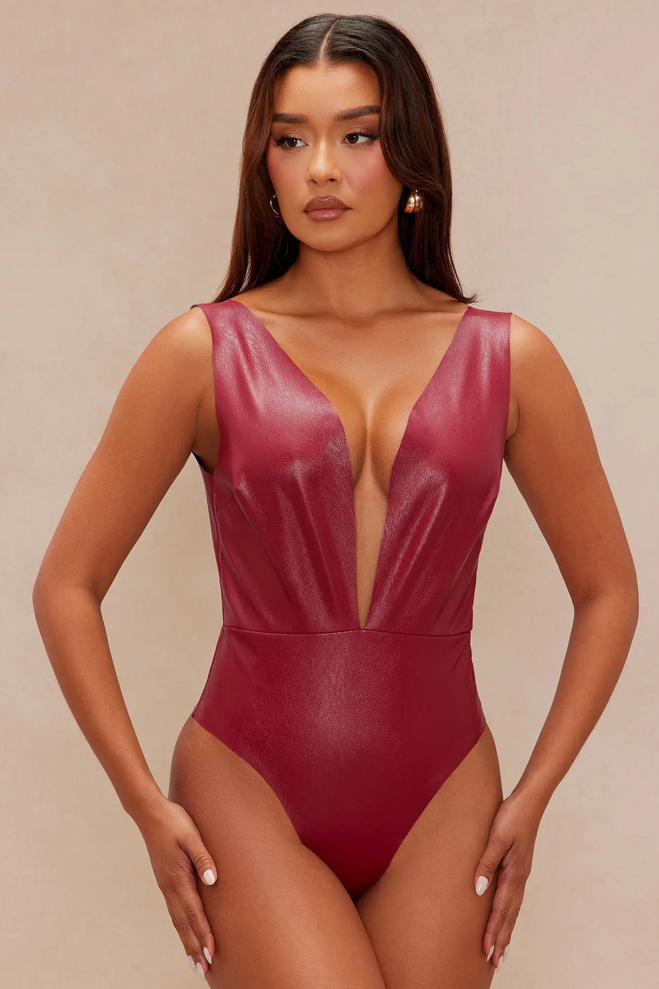 Zora Faux Leather Bodysuit - Burgundy 