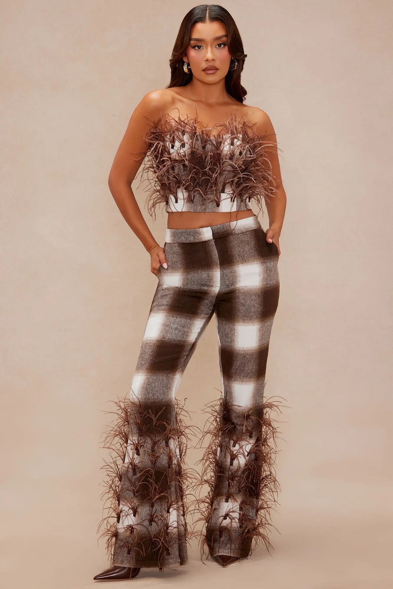 Nadya Feathered Tube Top - Brown 