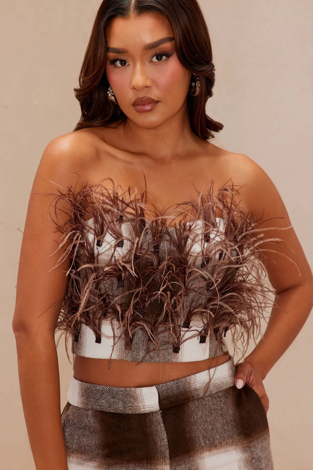 Nadya Feathered Tube Top - Brown 