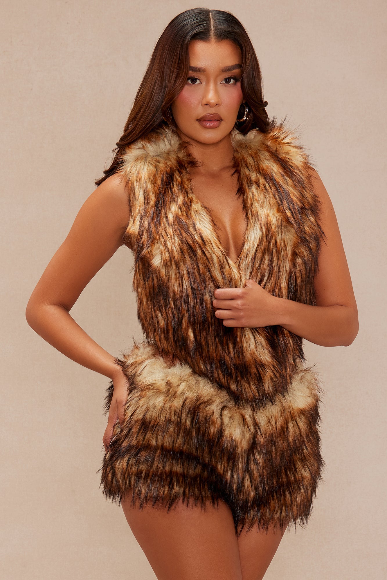 Ezra Faux Fur Short Set - Brown