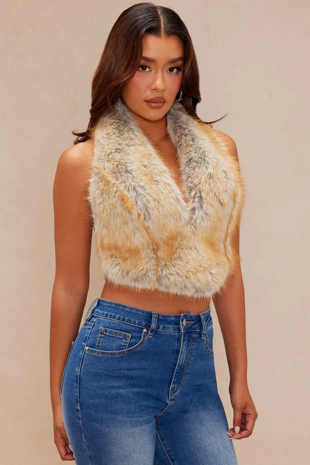 Raven Faux Fur Backless Top - Camel/combo 