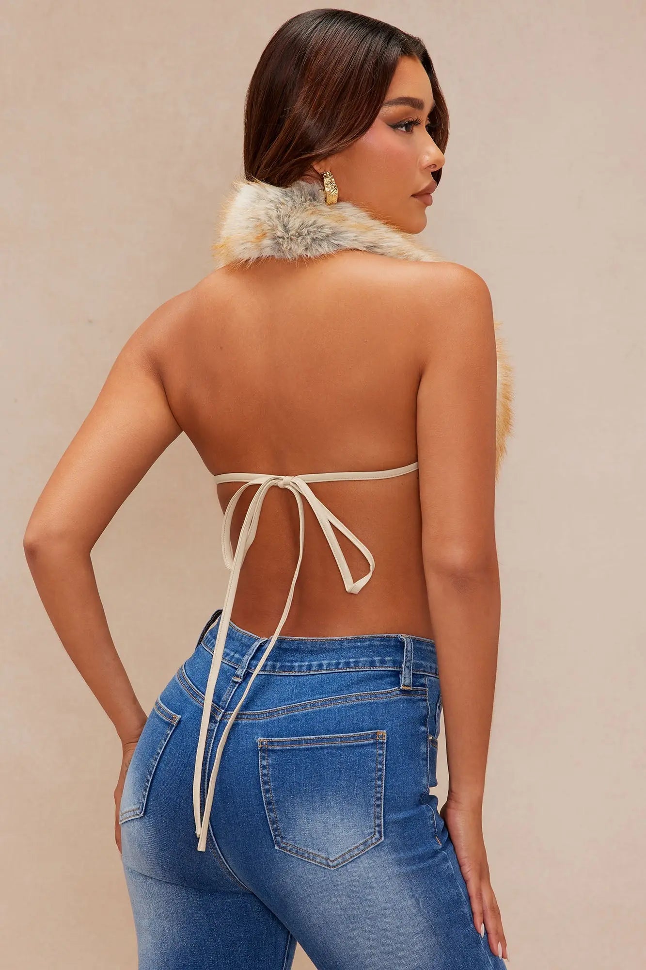 Raven Faux Fur Backless Top - Camel/combo 