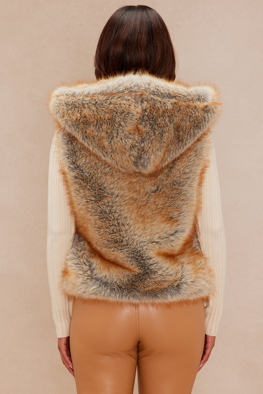 Raven Faux Fur Hooded Vest - Camel/combo