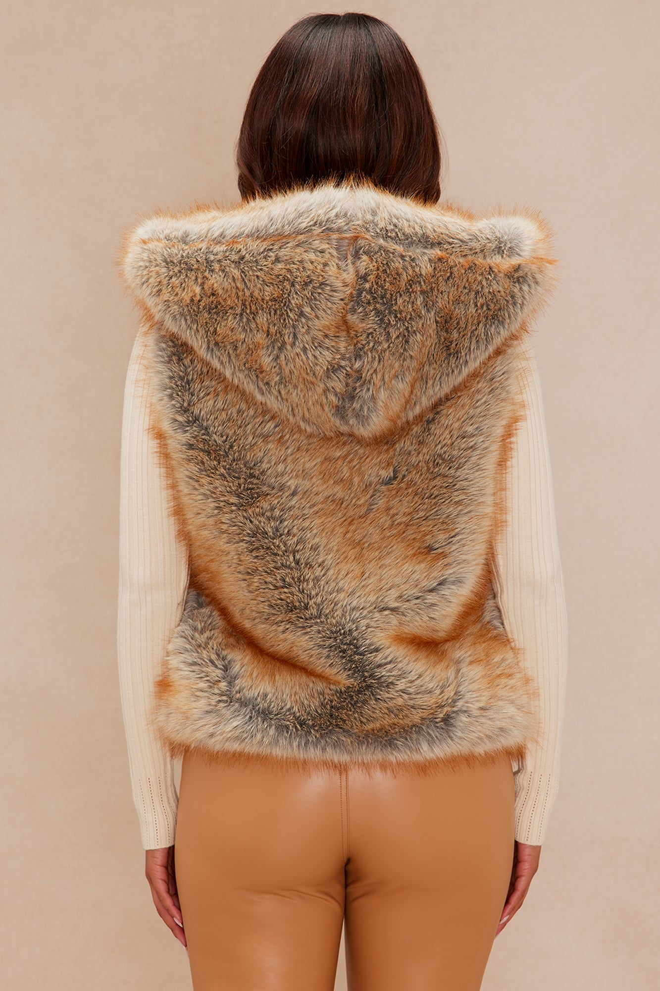 Raven Faux Fur Hooded Vest - Camel/combo