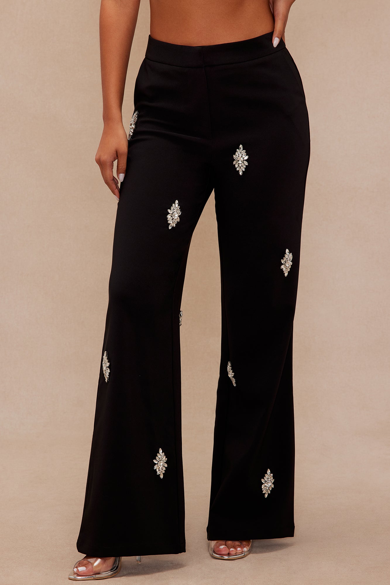 Liza Rhinestone Wide Leg Pant - Black 