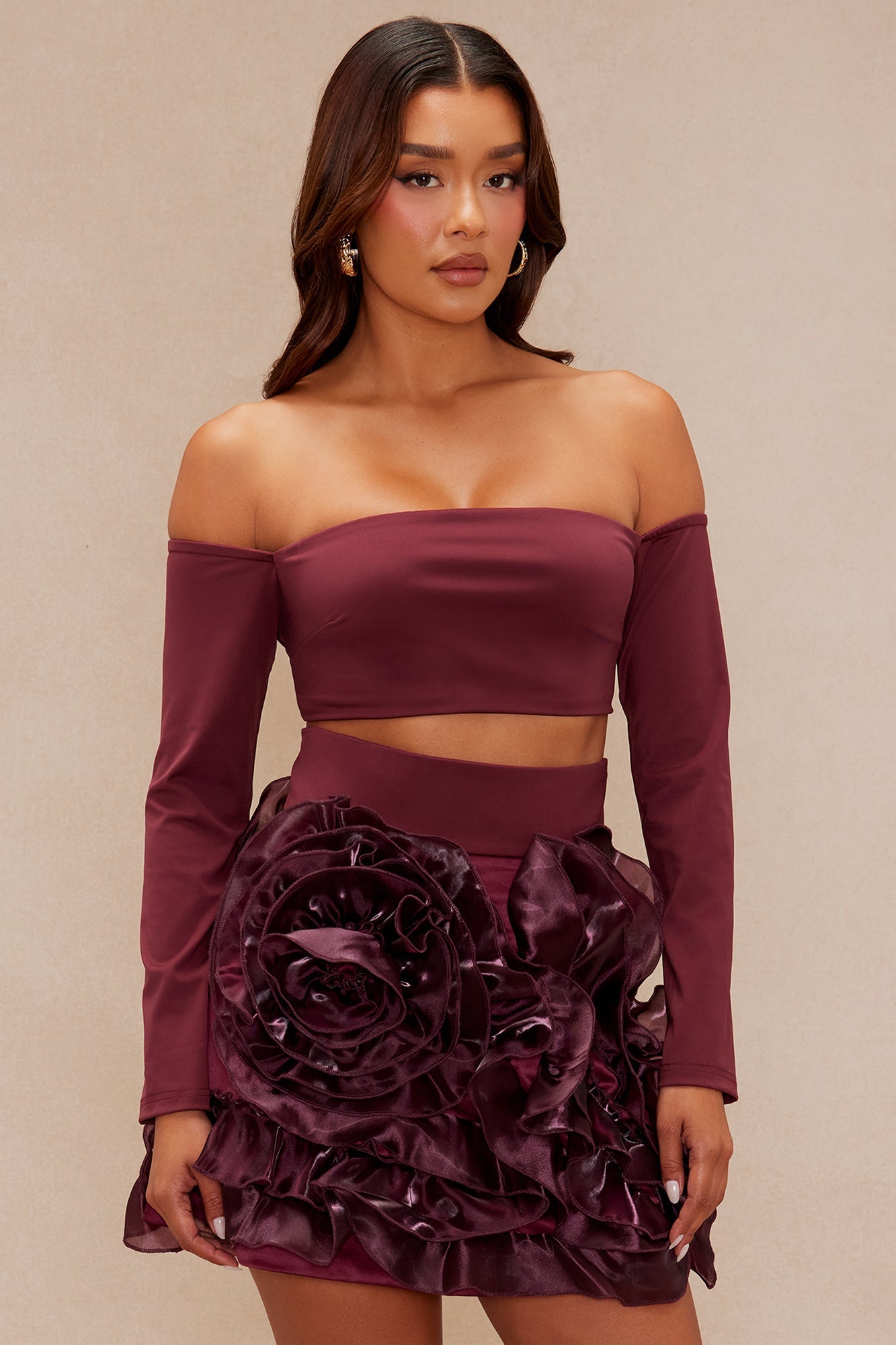 Neveah Off Shoulder Mini Skirt Set - Burgundy