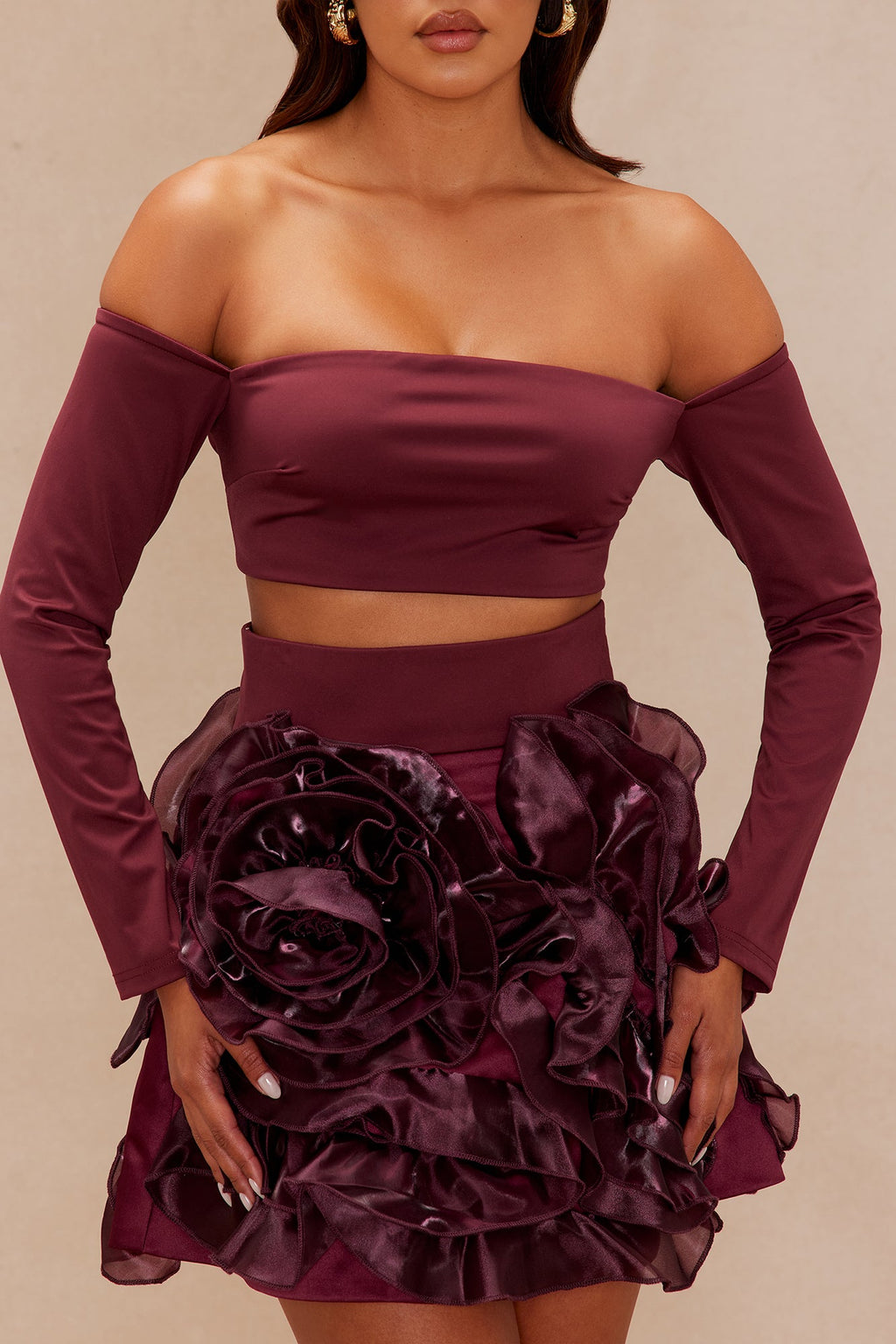 Neveah Off Shoulder Mini Skirt Set - Burgundy