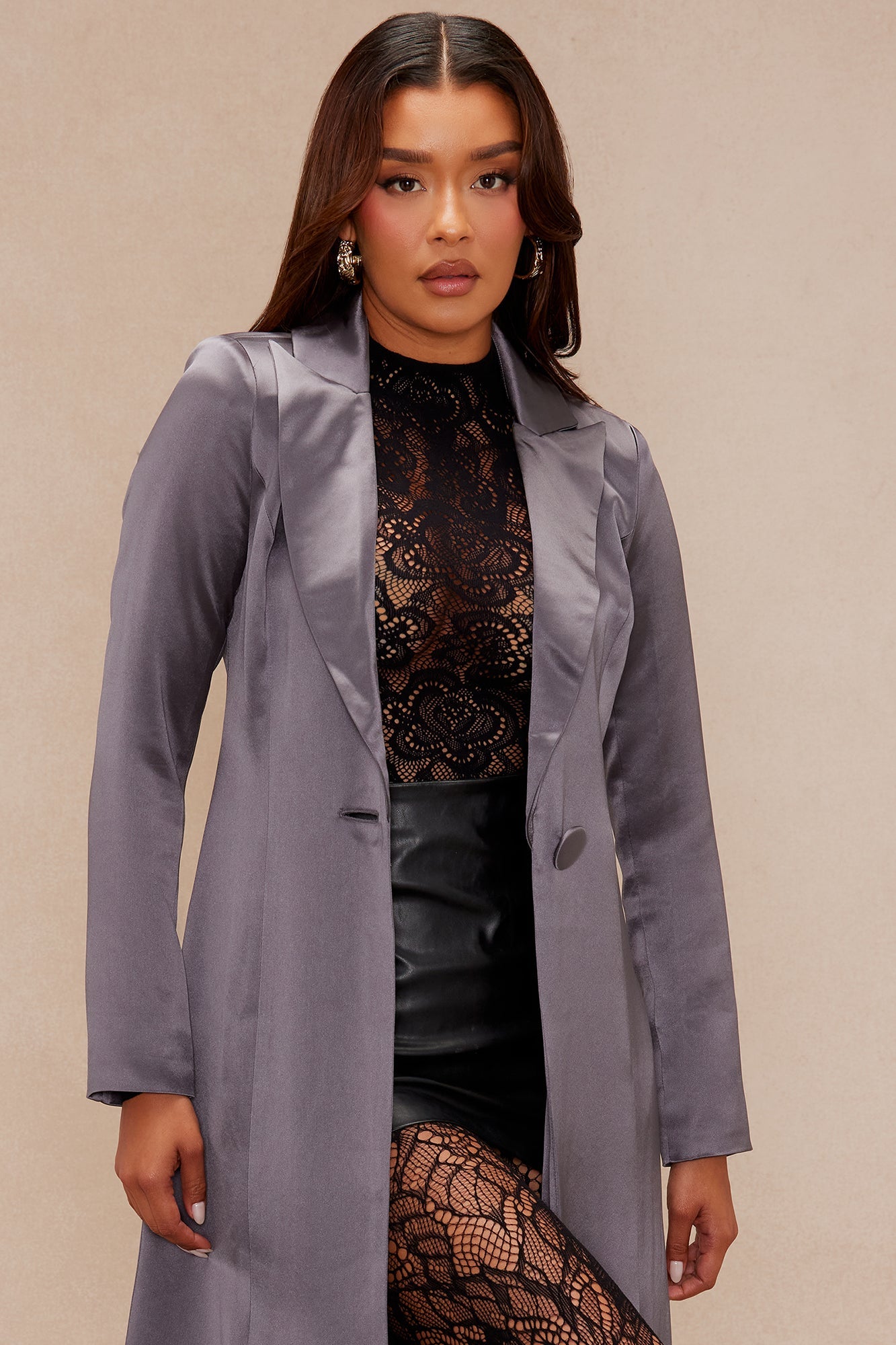 Deana Satin Maxi Blazer - Gunmetal