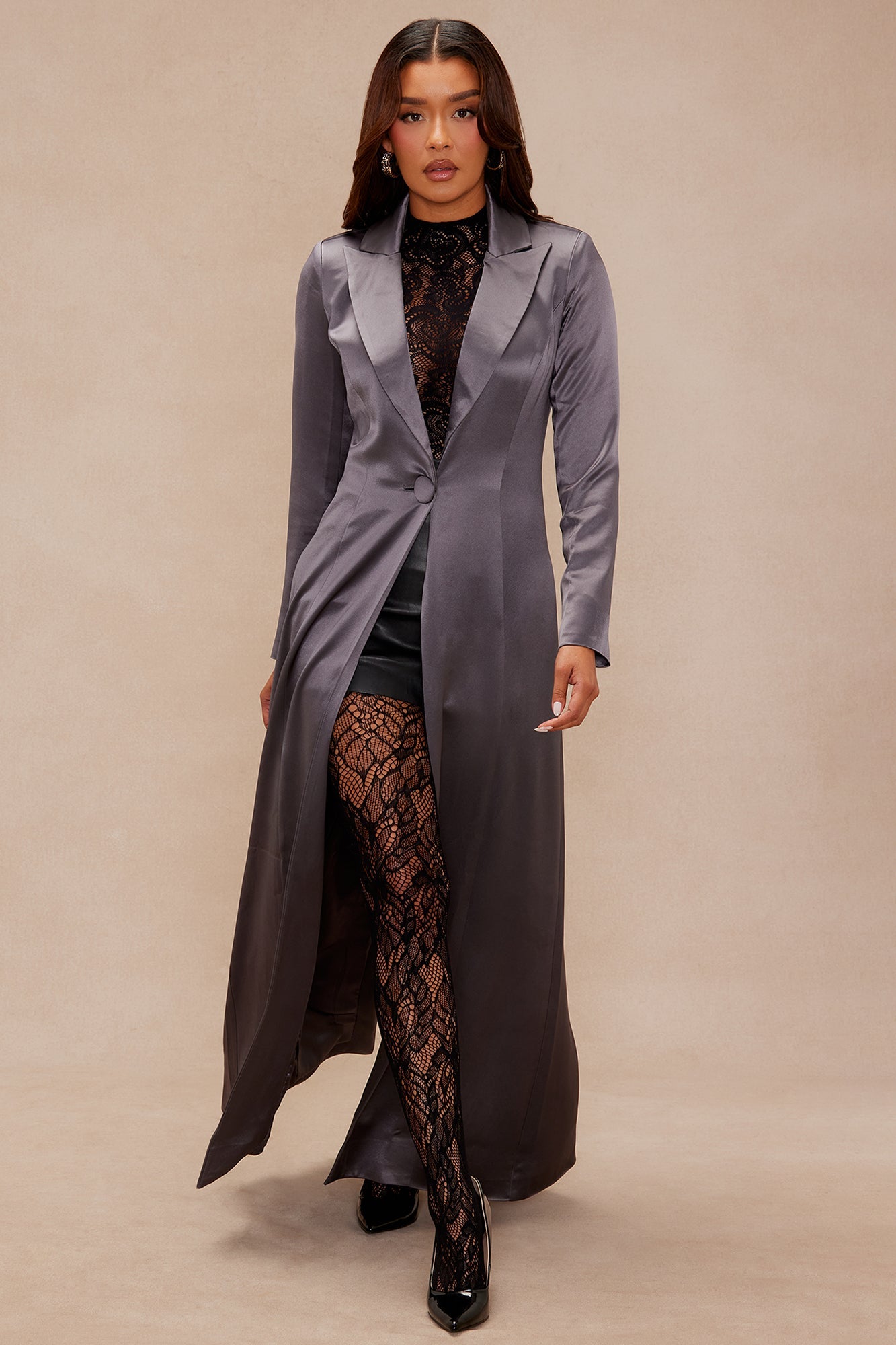Deana Satin Maxi Blazer - Gunmetal