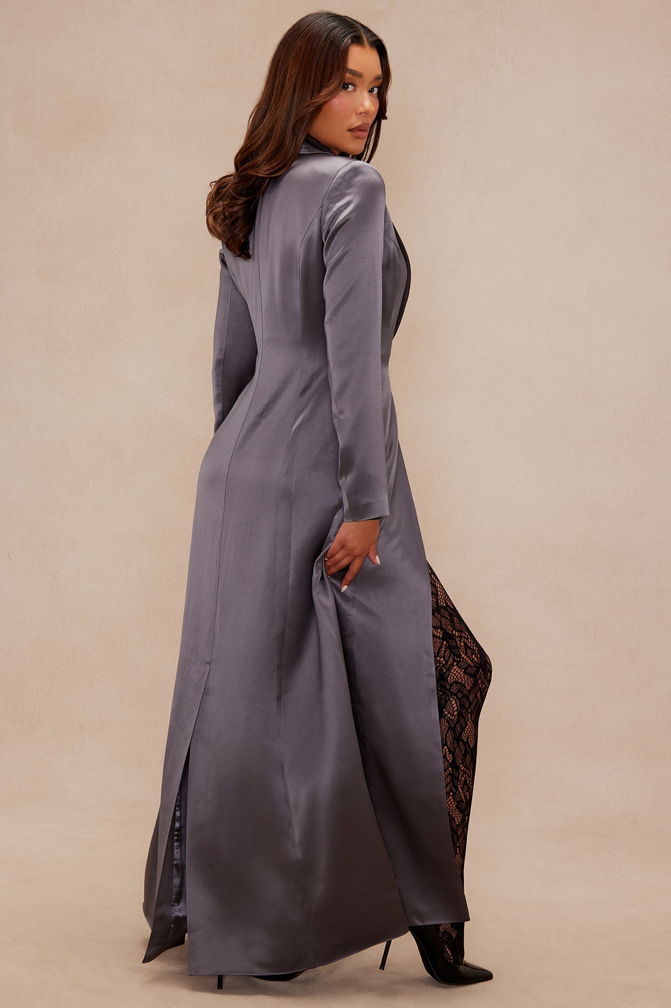 Deana Satin Maxi Blazer - Gunmetal