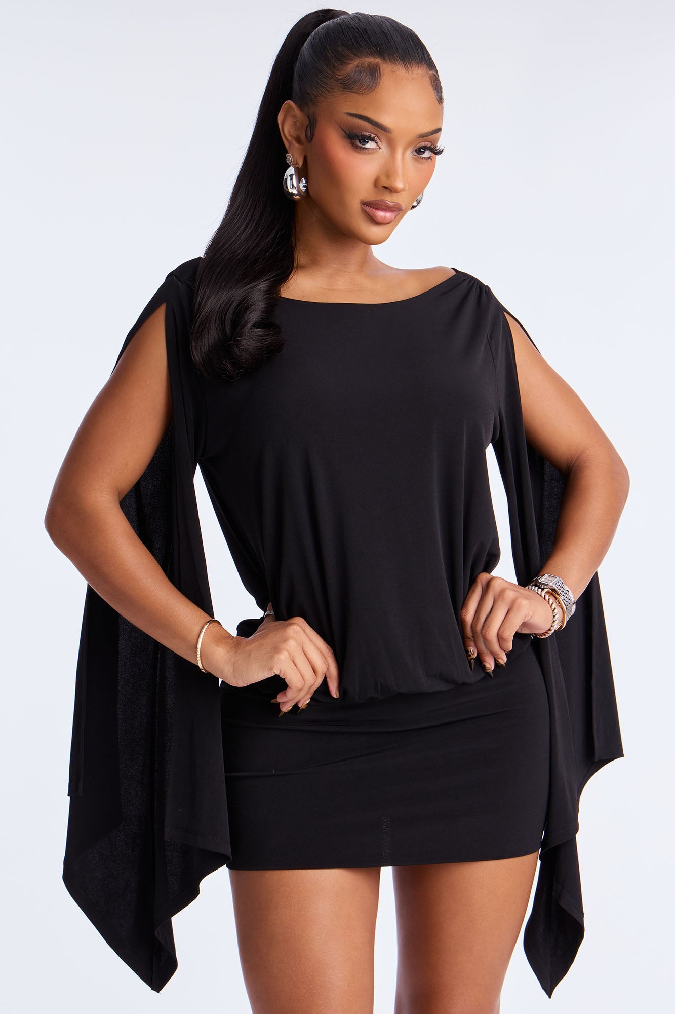 The Huntress Slinky Draped Sleeve Mini Dress - Black