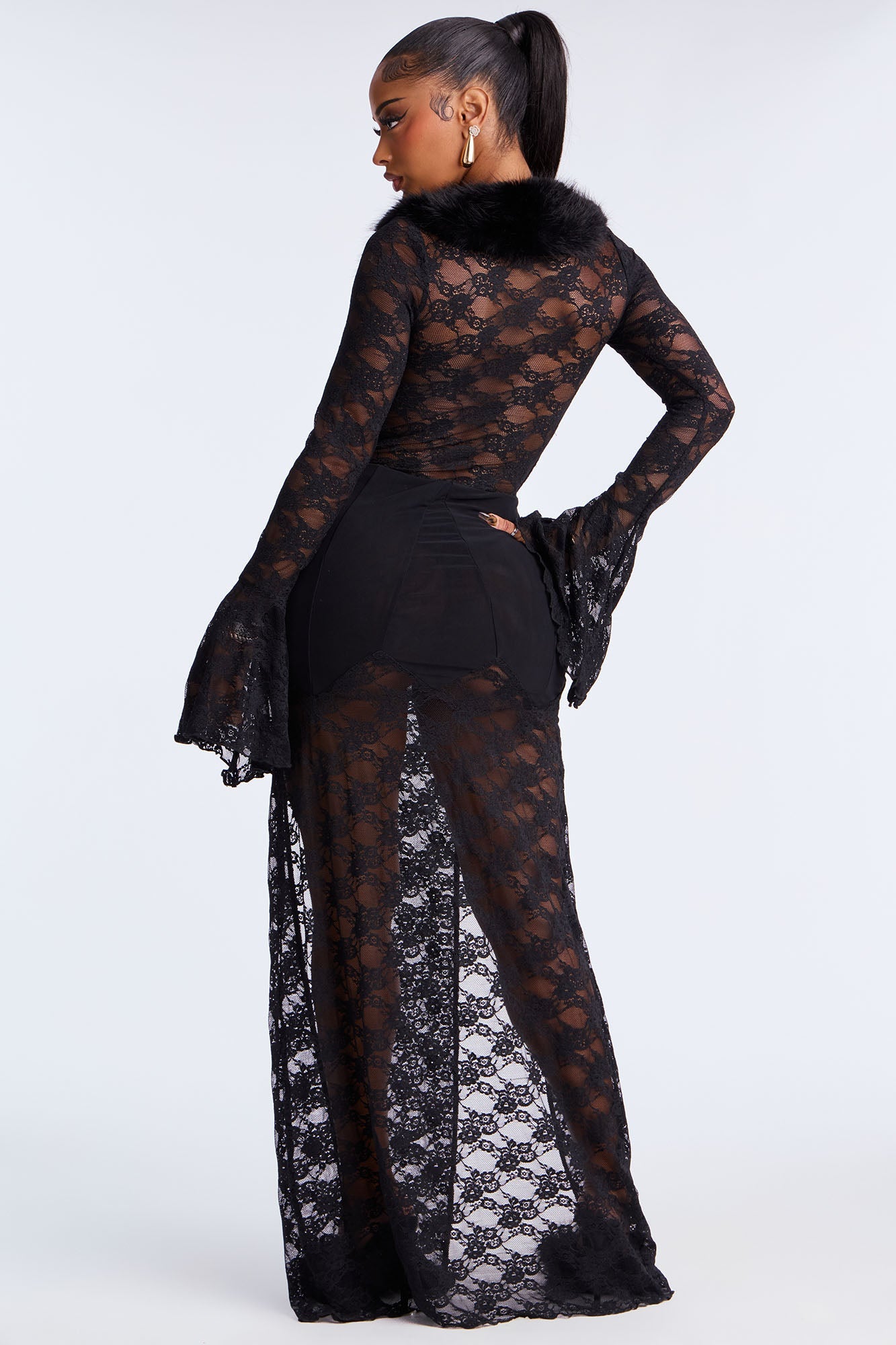 Bite Me Lace Fur Trim Maxi Dress - Black