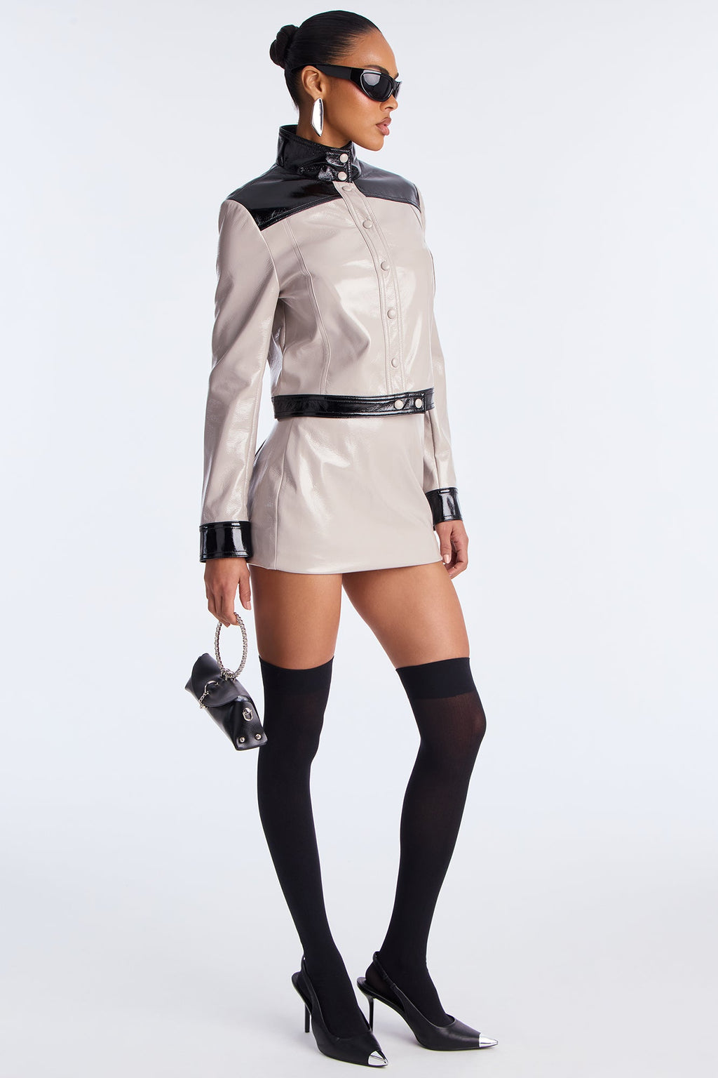 Viviana Faux Leather Jacket Skirt Set - Taupe