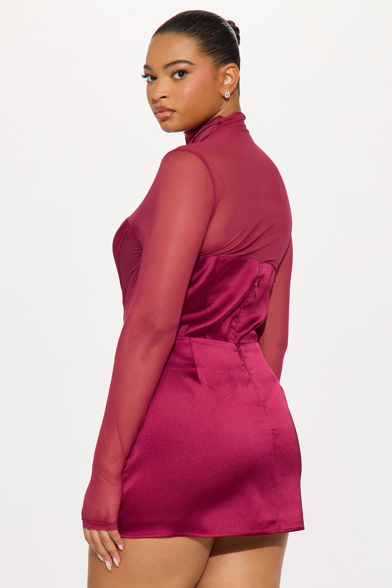 Caught On Camera Satin Bodysuit Skirt Set - Burgundy 