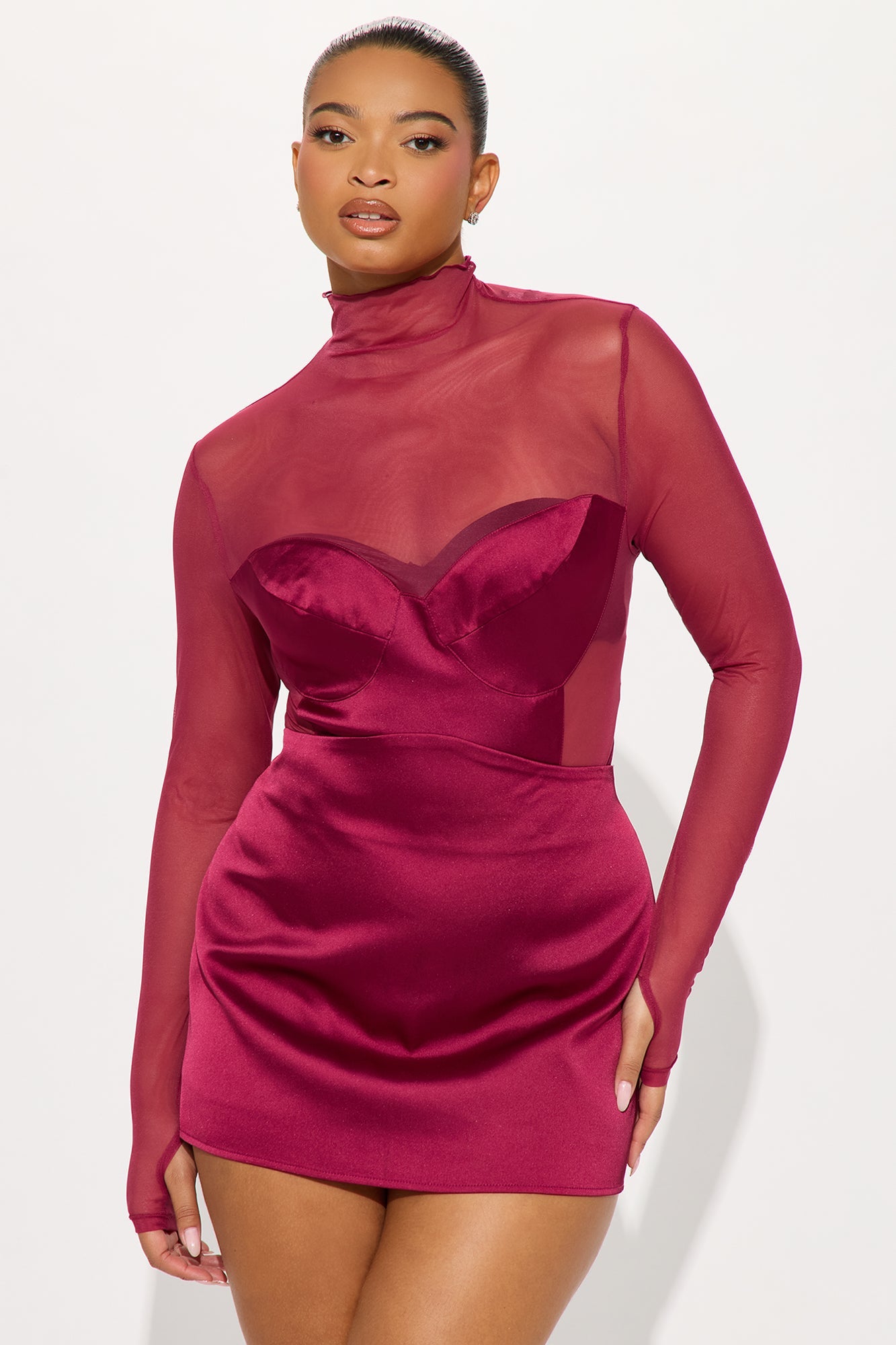 Caught On Camera Satin Bodysuit Skirt Set - Burgundy 