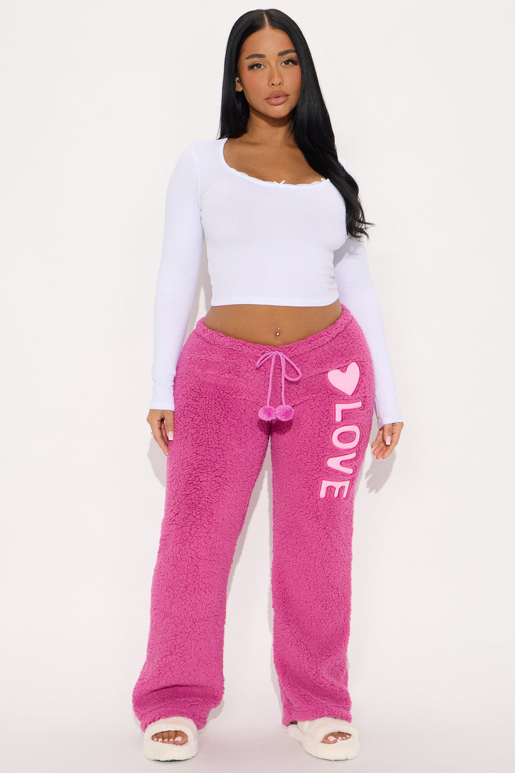Fall In Love Embroidered Sherpa PJ Pants - Fuchsia