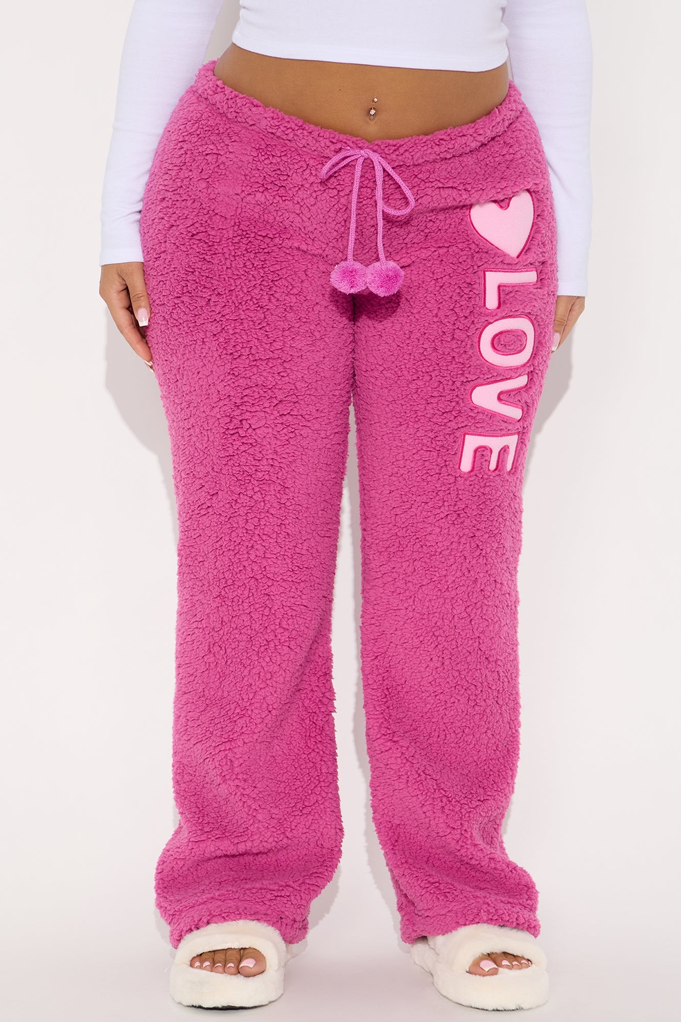 Fall In Love Embroidered Sherpa PJ Pants - Fuchsia