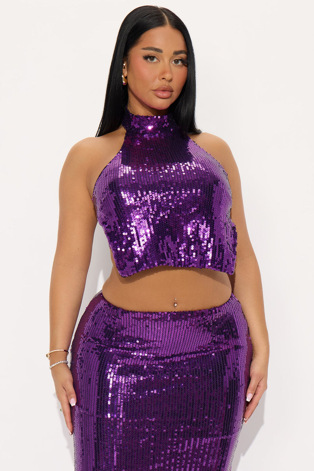 Khloe Sequin Halter Maxi Skirt Set - Purple